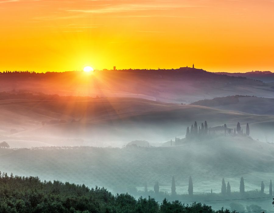 Tuscany wine region at sunrise