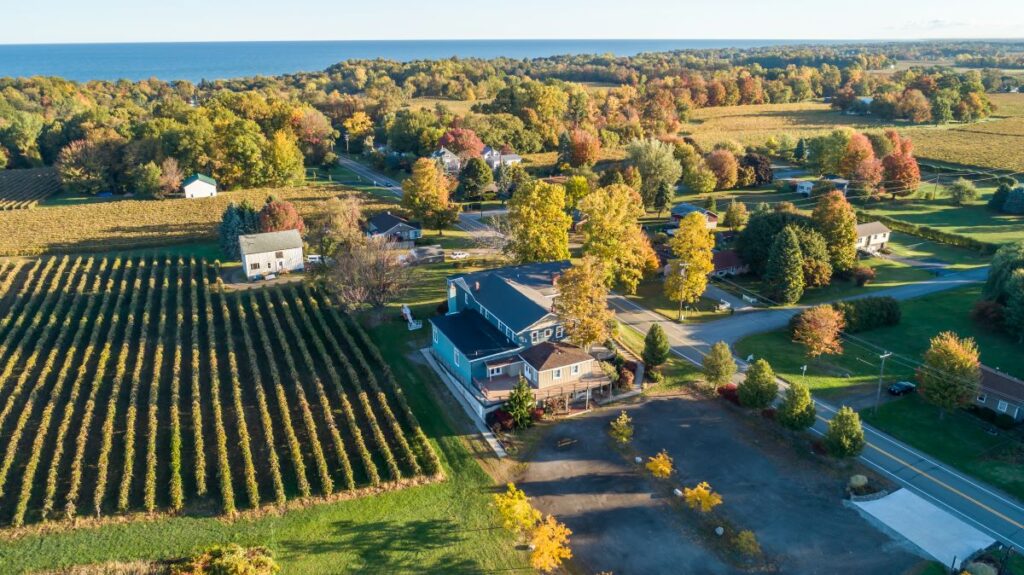 Aerial view of South Shore Wine Company, one of Mazza's locations just next to Lake Erie